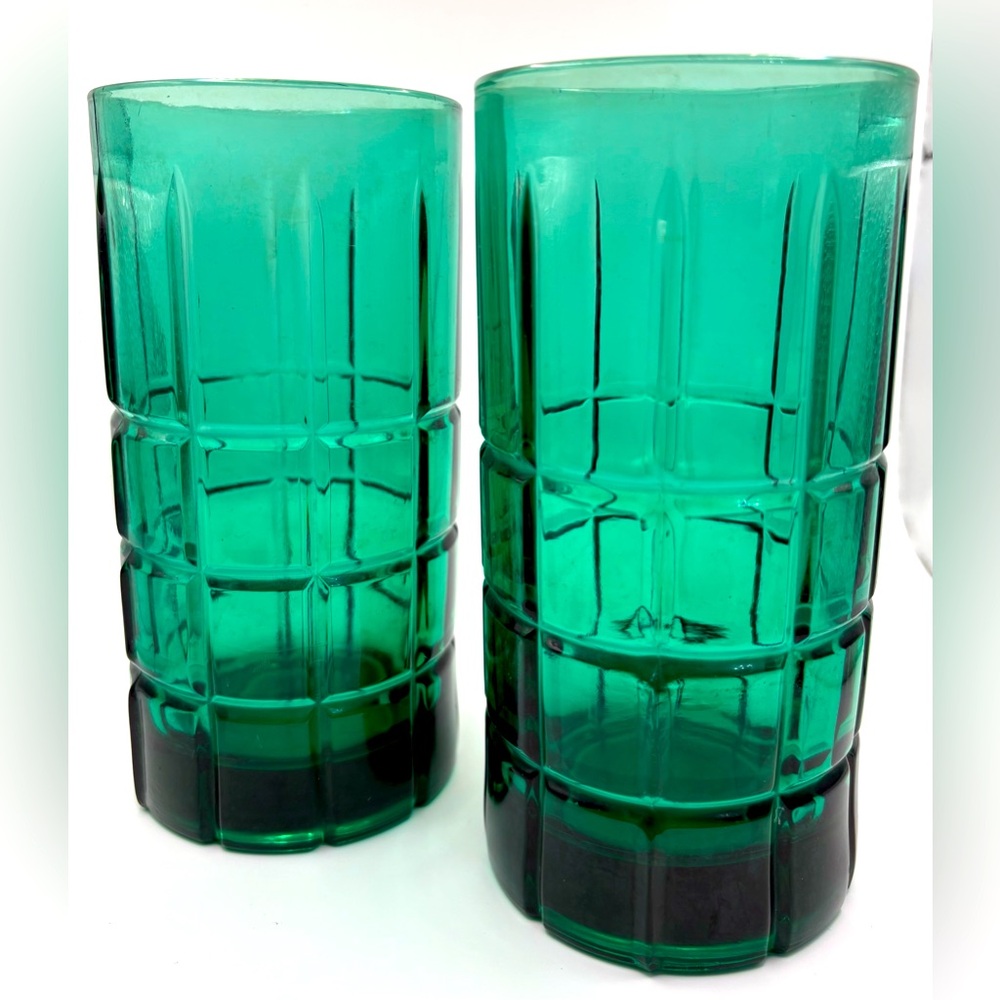 VTG Anchor Hocking Emerald Deep Green “Tartan” Tall 6” Tumblers Set of 2